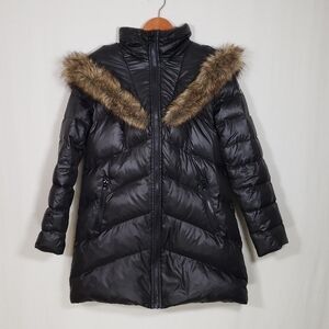 Kensie Down Puffer Parka Coat Black with Faux Fur Trimmed Hood Size M
